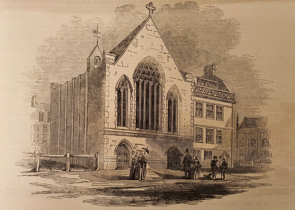 Image of the front of the New French Protestant Episcopal Church, Bloomsbury; published in "The Illustrated London News", 27 December 1845, p.405