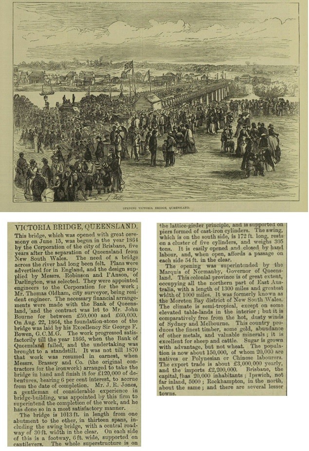 Article with drawing Victoria Bridge Queensland Illustrated London News 7 Nov 1874 p 442