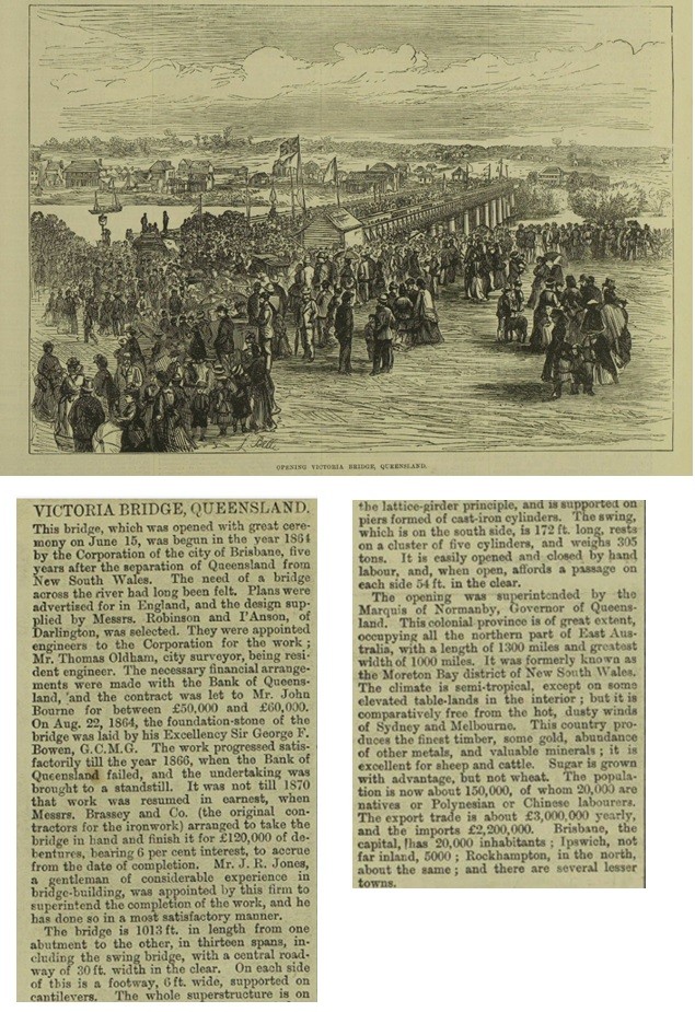 Article with drawing, "Victoria Bridge, Queensland." Illustrated London News, 7 Nov. 1874, p. 442+.