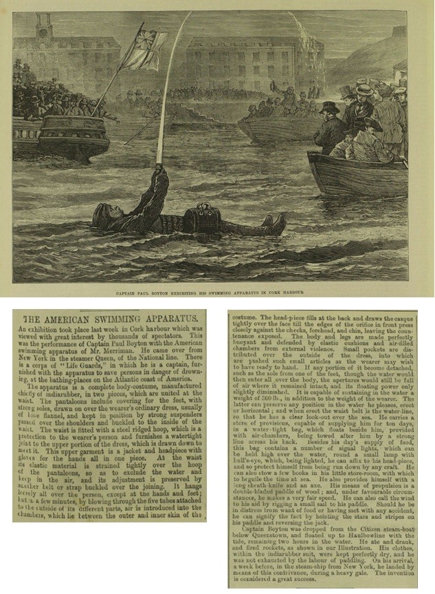 Article and drawing, "The American Swimming Apparatus." Illustrated London News, 7 Nov. 1874, p. 439+.