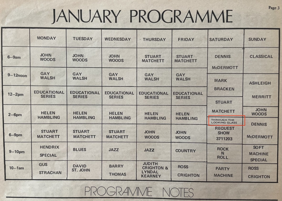 The first appearance of Through the Looking Glass in 4ZZZ’s schedule, as published in the January 1976 edition of Radio Times.