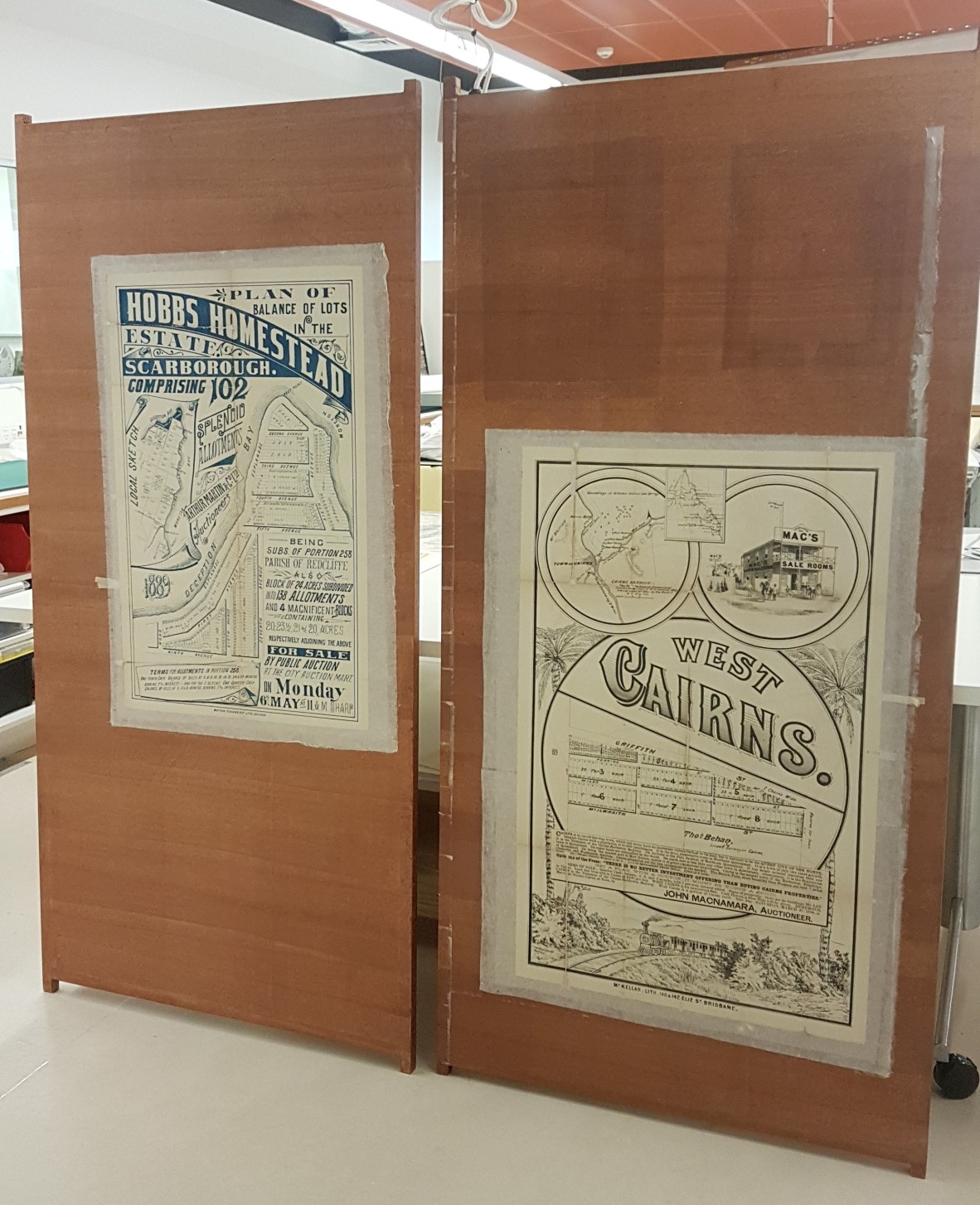 State Library of Queensland Scarborough and Cairns Real Estate Plans: tension-flattened on karibari boards