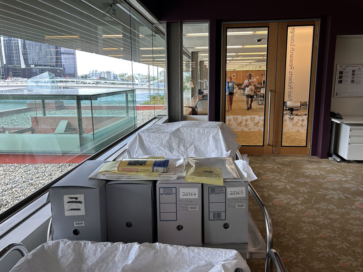 Neil Roberts Research Lounge with trolleys of collections used for the research projects of State Library's Queensland Memory Awards fellow.