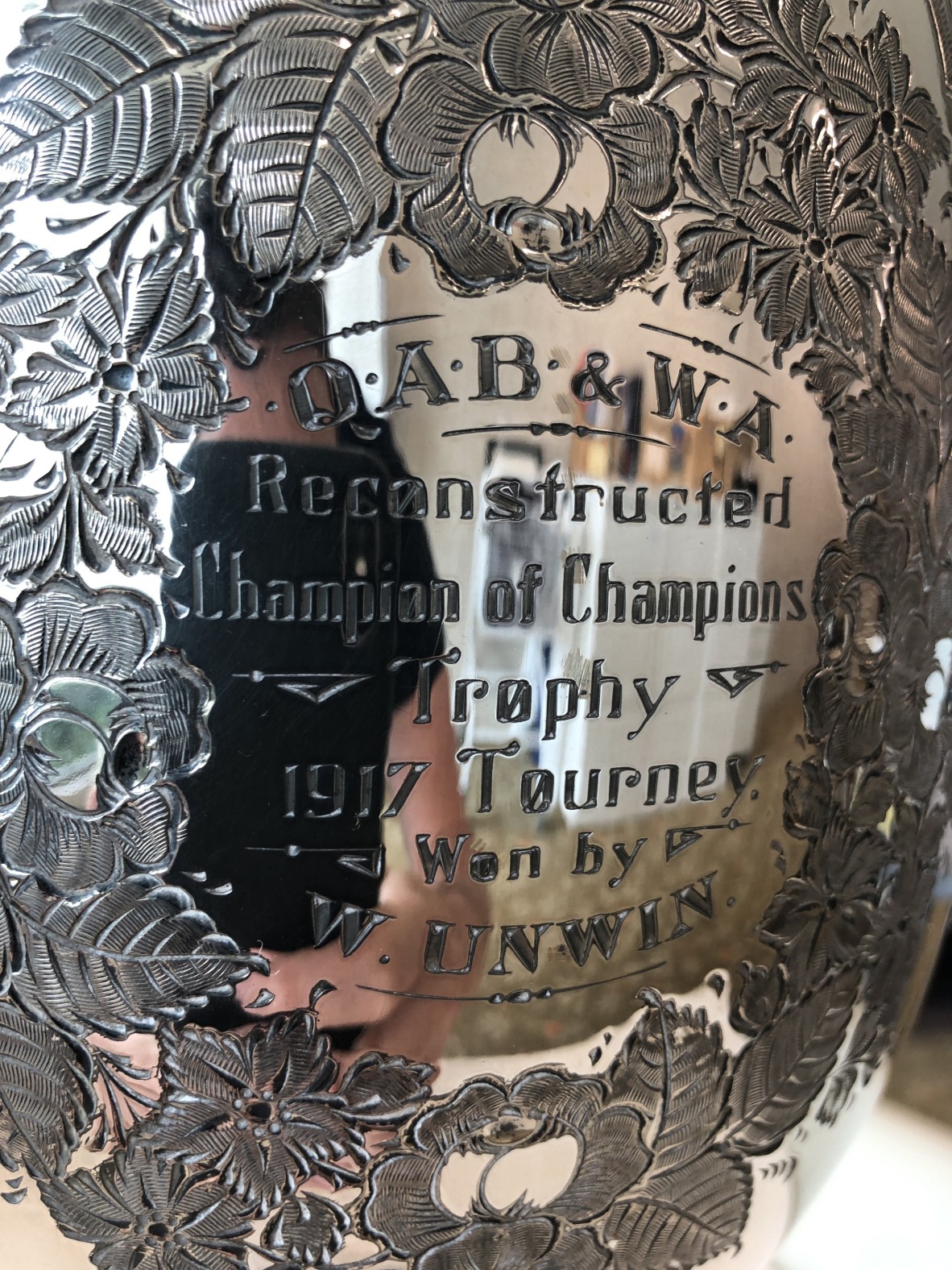 Close up of the inscription on the trophy won by William Billy Baden Unwin for the Queensland Amateur Boxing title in 1917 