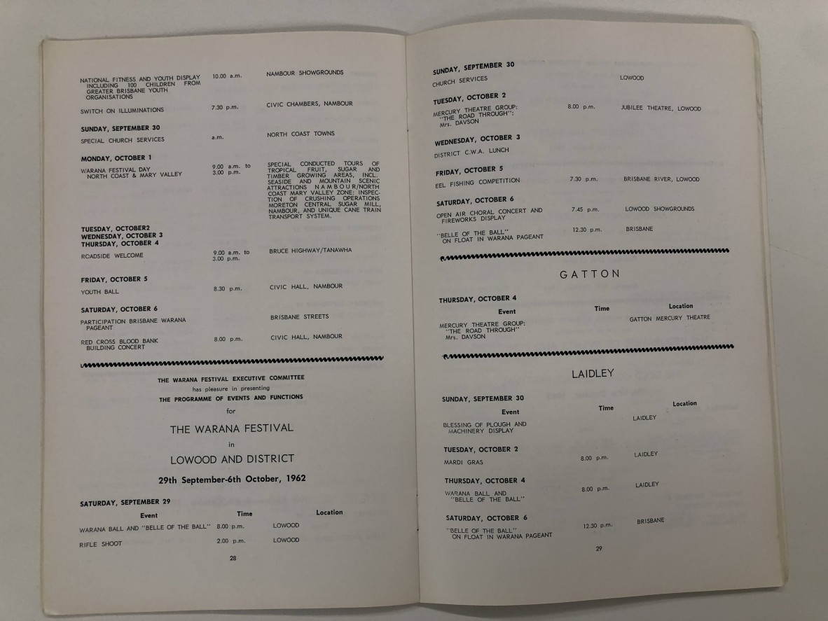 Programme of Events Lowood and District Warana Festival 29th September - 6th October 1962