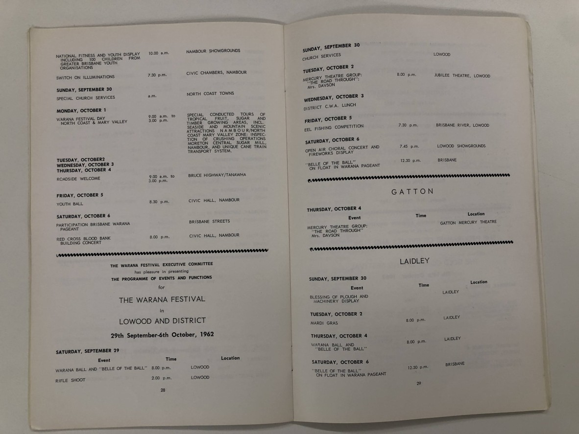 Programme of Events, Lowood and District, Warana Festival, 29th September - 6th October 1962.