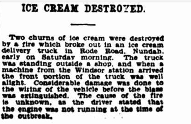 A newspaper article about ice cream destroyed by fire