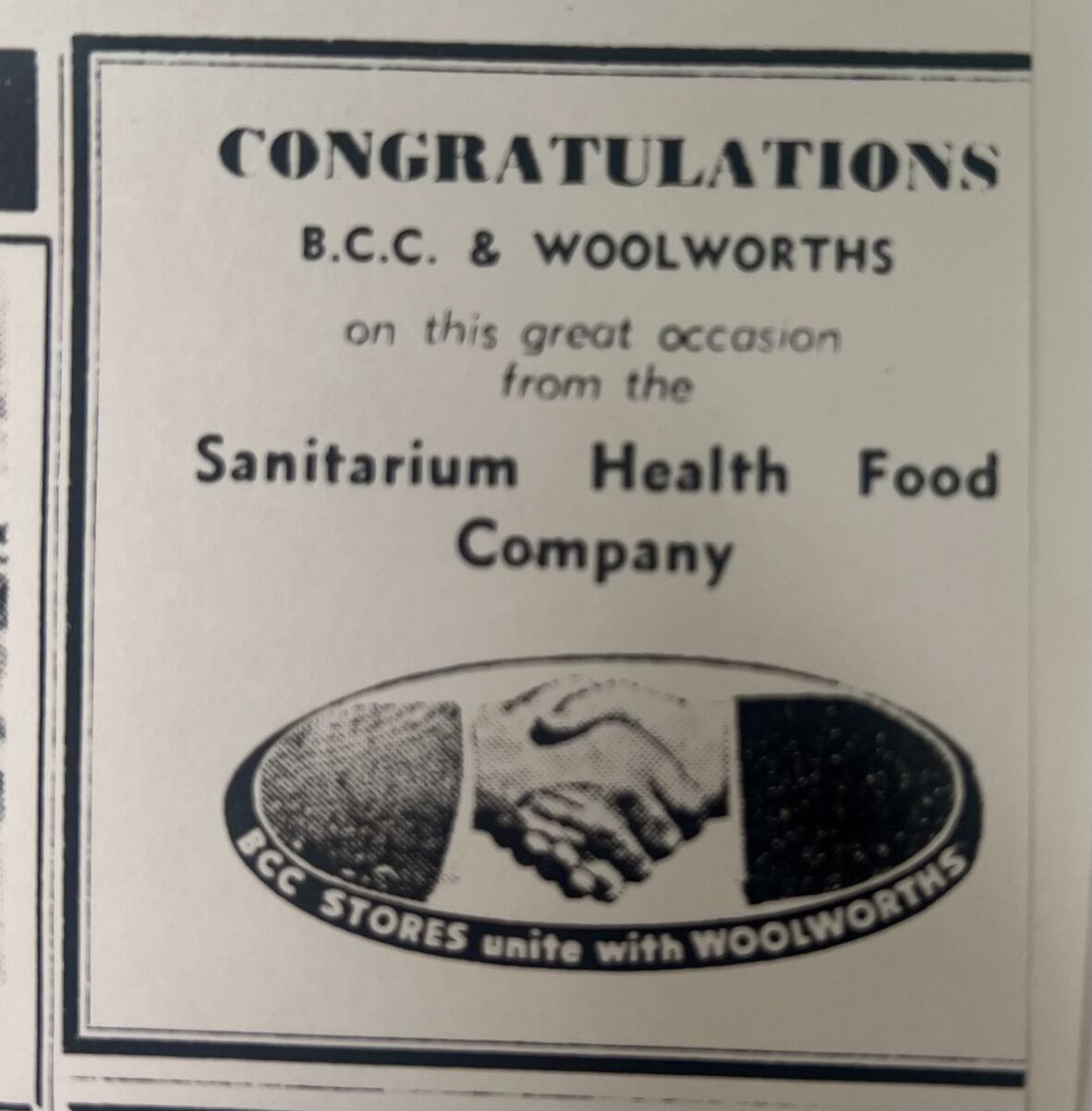 Sanitarium Health Food Company congratulating BCC & Woolworths on their merger.