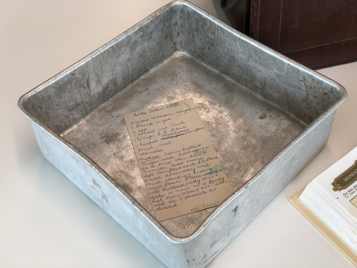 Lady Flos battered cake tin and handwritten recipe 