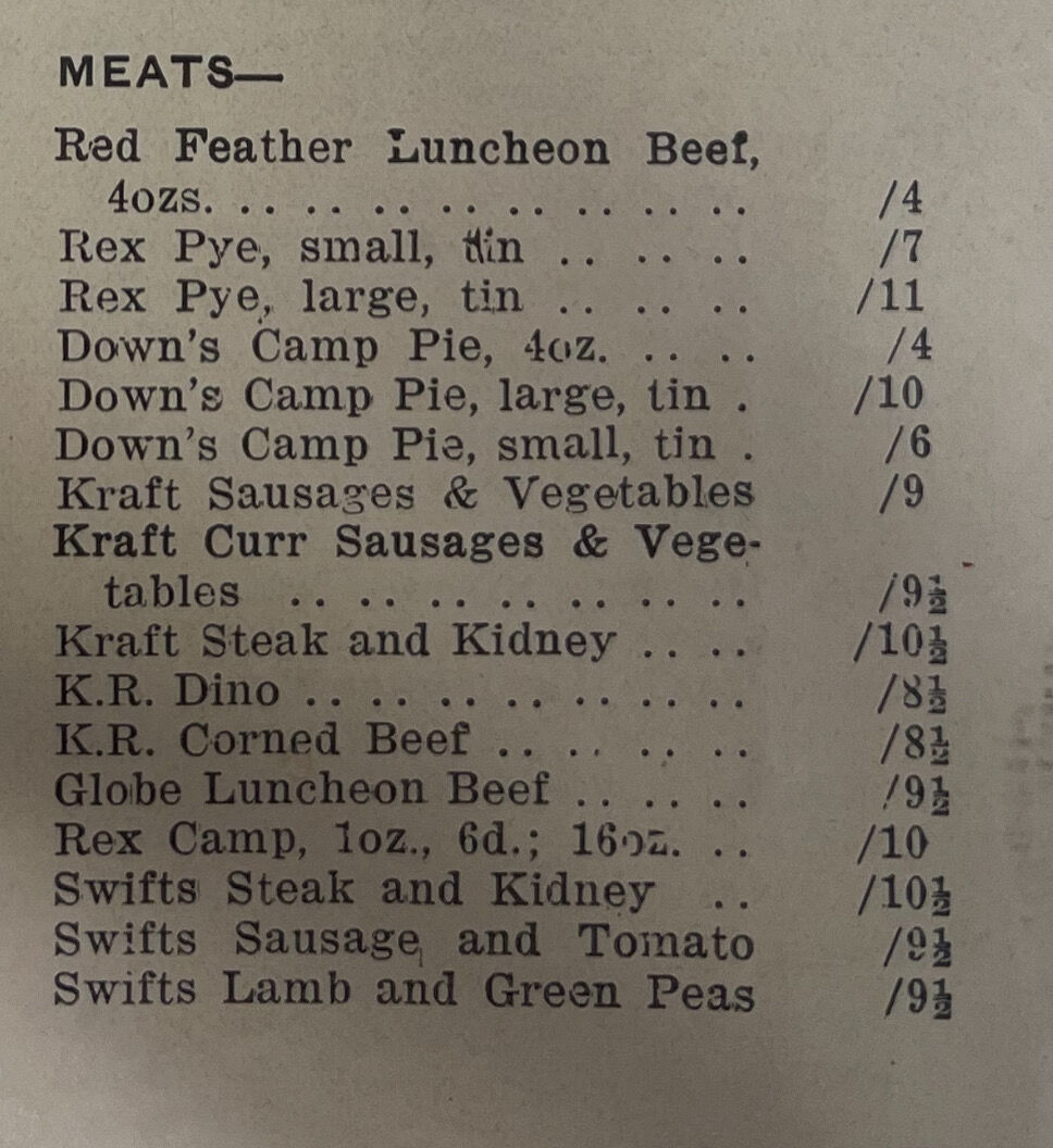 Example of meat prices from Brisbane Cash and Carry price list issued 25 Feb 1941.