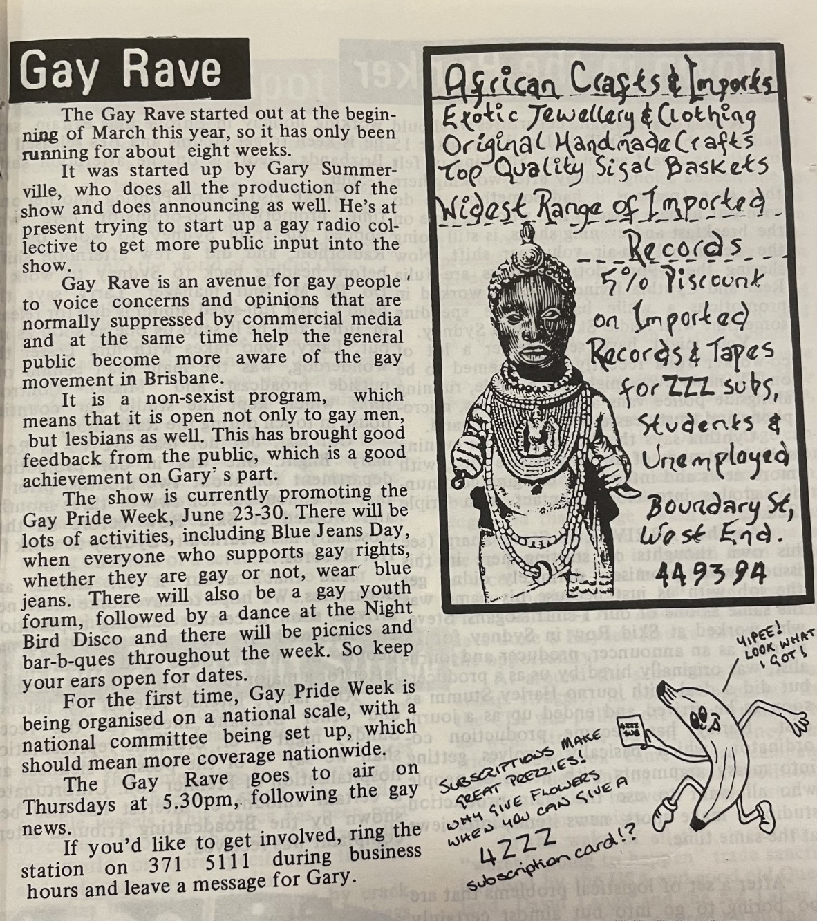 Gay Rave article, Radio Times May 1985, John Oxley Library, State Library of Queensland.