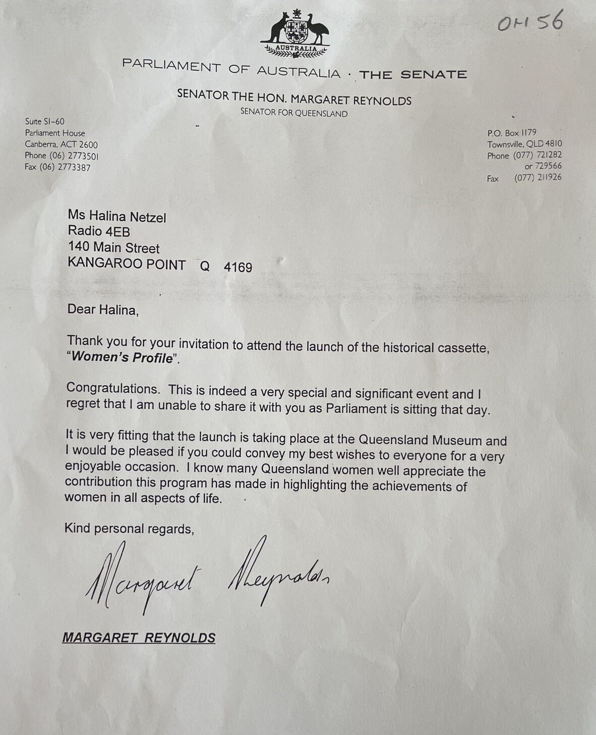 Letter of congratulations from Senator Margaret Reynolds OH56, Women's Profile - A brief history of the programme.