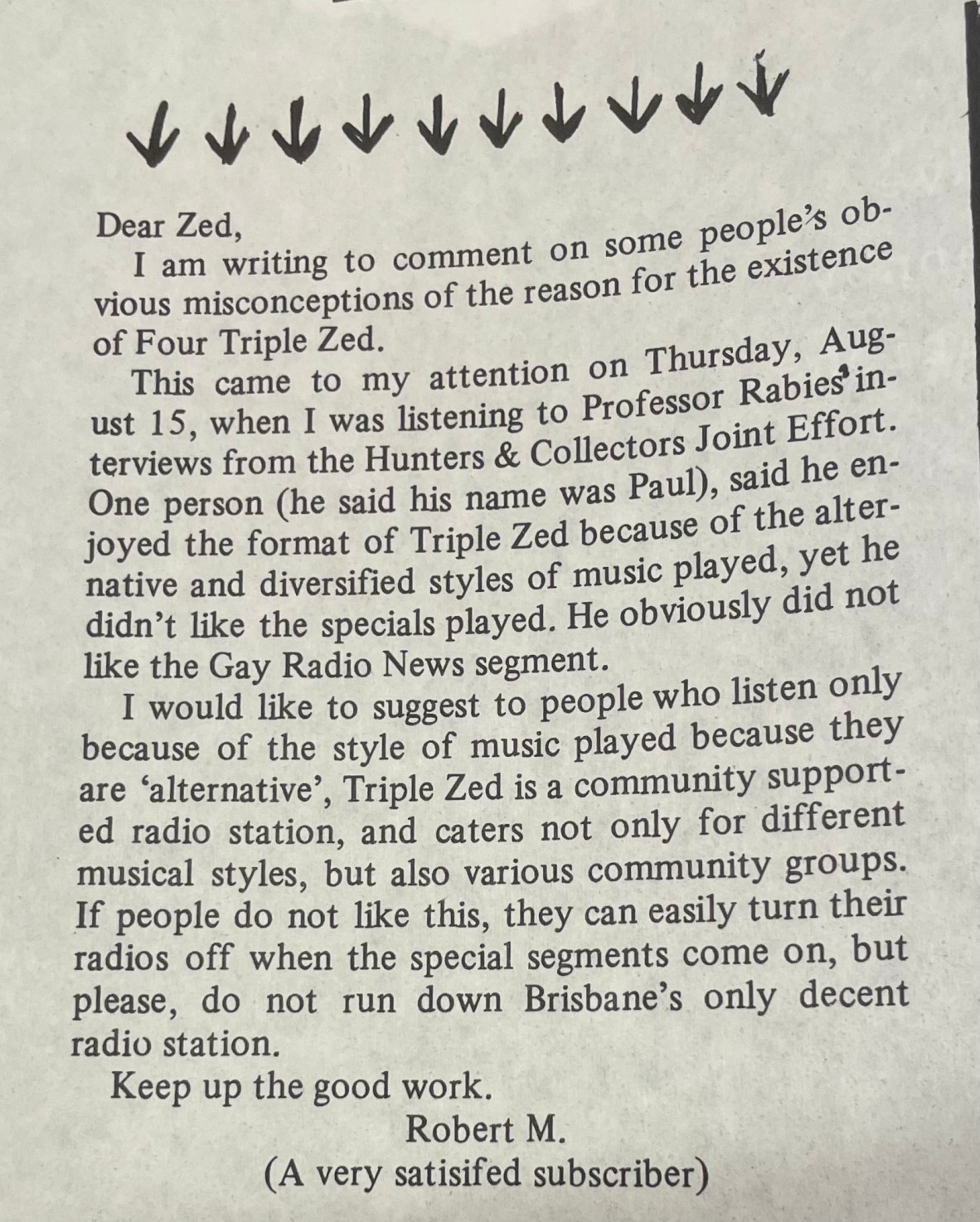 Letter to Editor, Radio Times Oct 1985, John Oxley Library, State Library of Queensland.