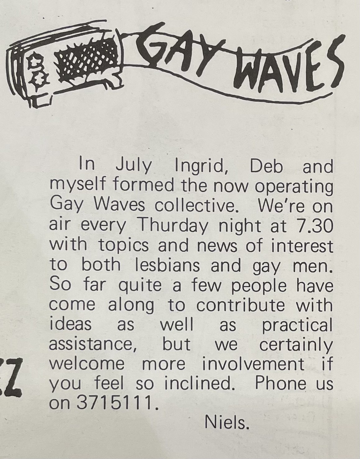 Gay Waves article, Radio Times Sept 1986, John Oxley Library, State Library of Queensland