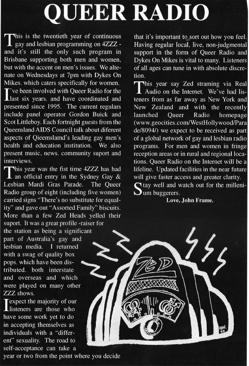 Queer Radio article, Radio Times Feb/Mar 2000, John Oxley Library, State Library of Queensland.