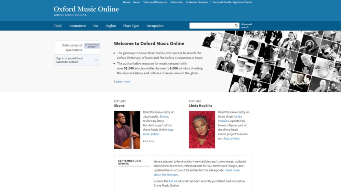 Homepage of the Oxford Music Online website