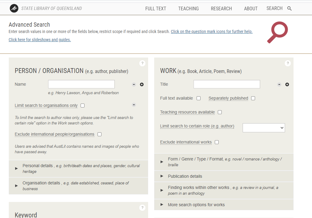 Austlit database Advanced Search page.