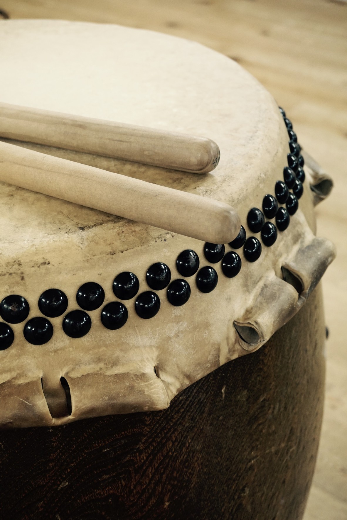 Detail of a chu-daiko used in ensemble drumming.