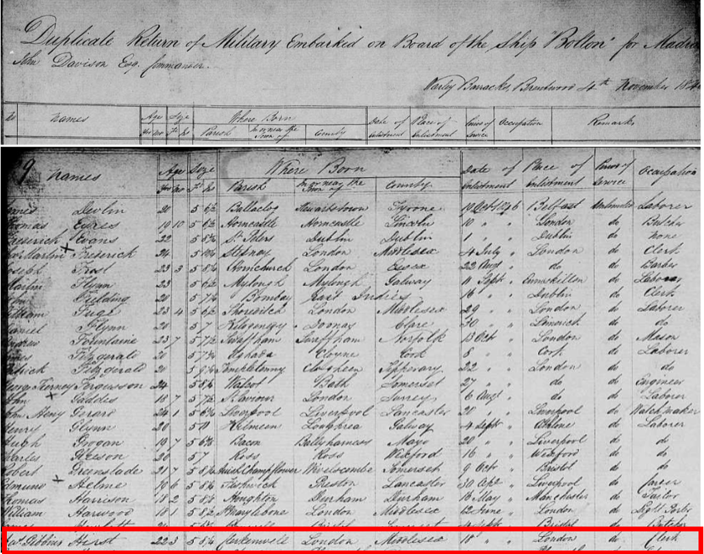 Sections of image 152 and 154 of Depot embarkation lists 1844-1855