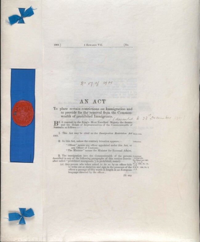 Image of the front page of the Immigration Restriction Act 1901