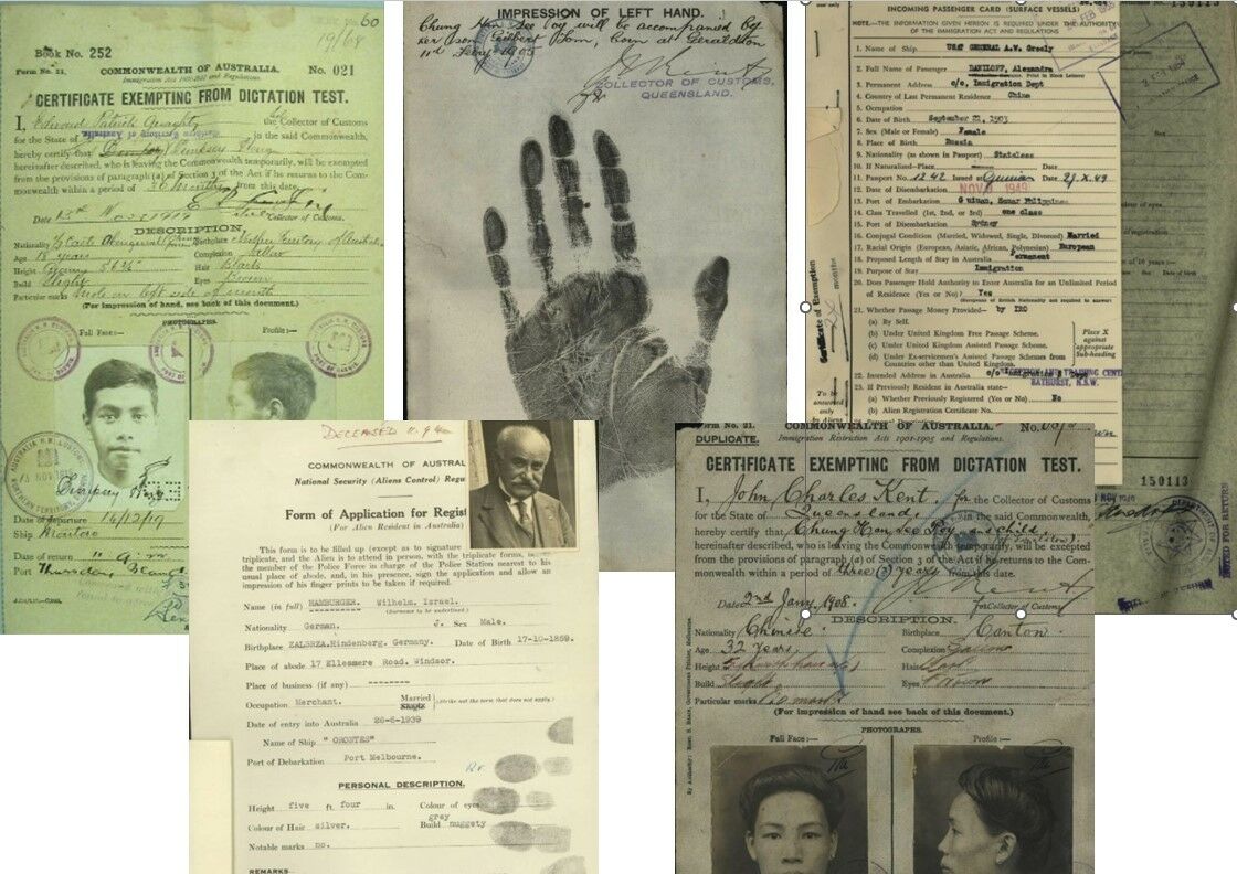 Five immigration documents from NAA, including Certificate Exempting from Dictation Test, Hand print, incoming passenger card and alien registration document