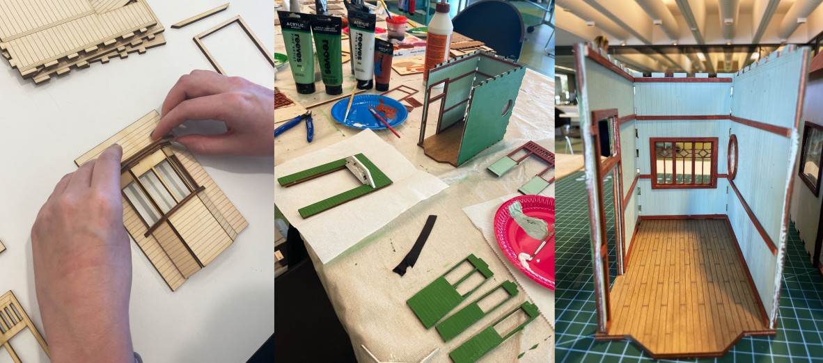 A collage of photos showing the process of a green and reddish brown qld book nook been created. A bay window is clearly visiable in the first photo before any painting has been done.