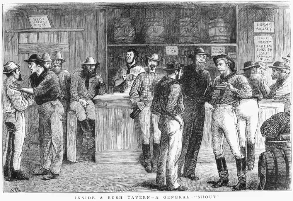 Sketch of the inside of a bush tavern in Queensland ca. 1875