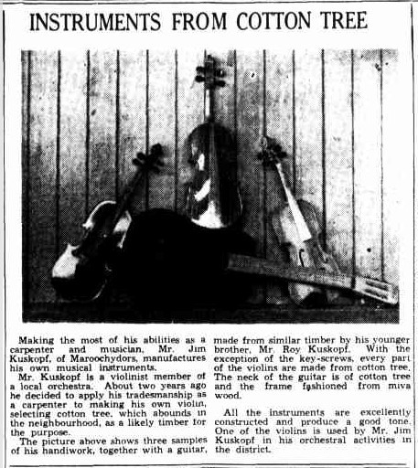Newspaper article about instruments made from cotton tree The Telegraph Brisbane 1935