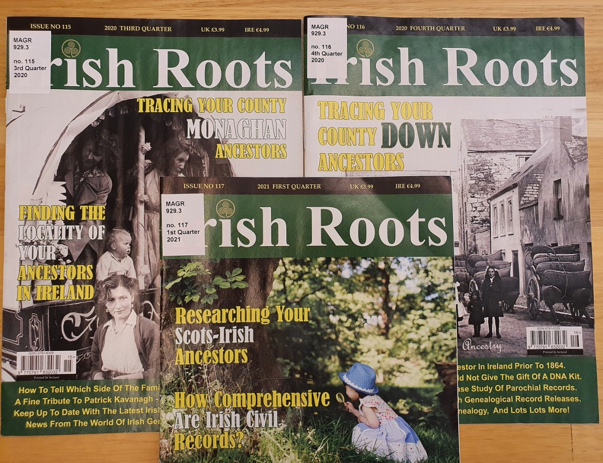 Image of three front covers for the "Irish Roots" magazine