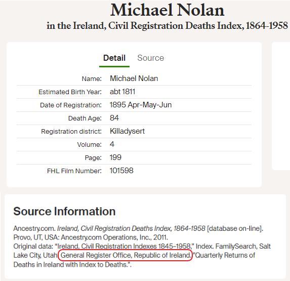 Entry for Michael Nolan 1895 from Ireland Civil Registration Deaths Index 1864-1958 Ancestry Library Edition