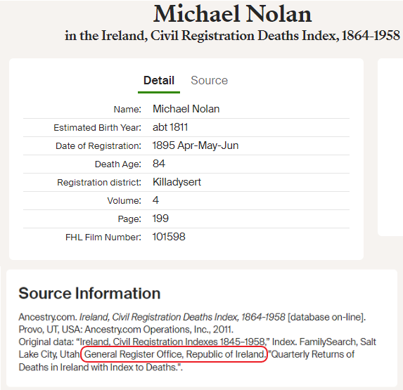 Entry for Michael Nolan 1895 from Ireland Civil Registration Deaths Index 1864-1958, Ancestry Library Edition