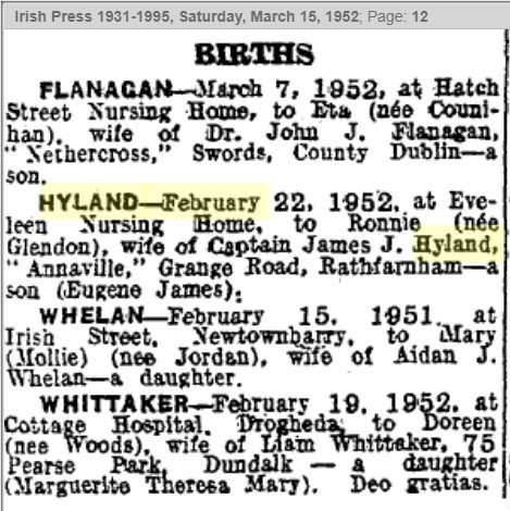 Birth notices from newspaper Irish Press Irish Newspaper Archive database
