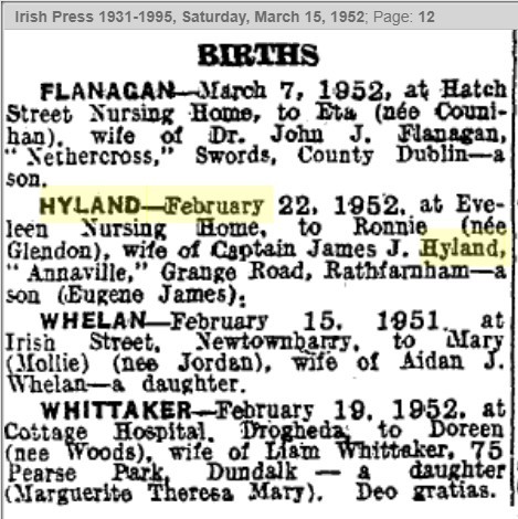 Birth notices from newspaper Irish Press, Irish Newspaper Archive database