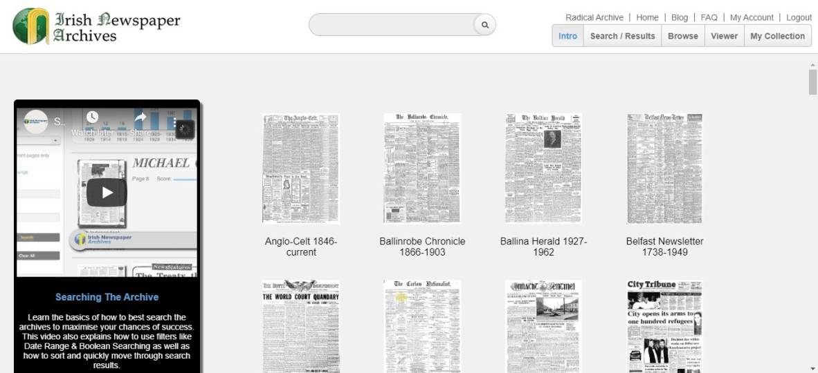Irish Newspaper Archive database home page