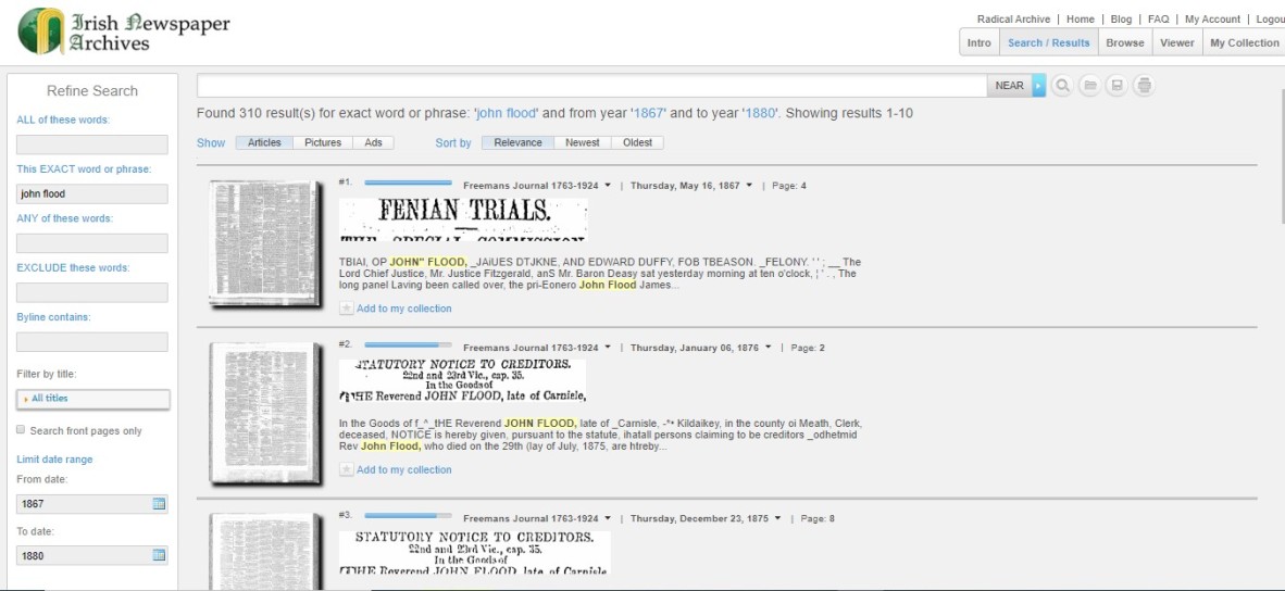 Search / Results screen for Irish Newspaper Archive database