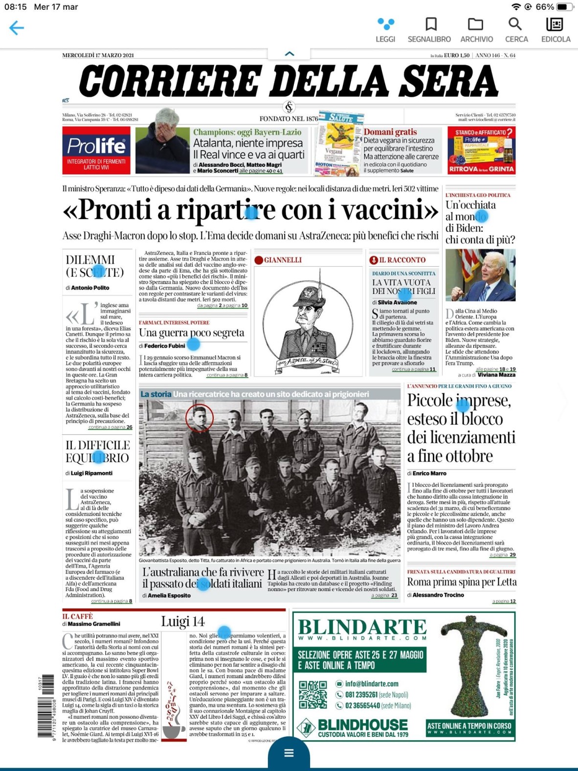 Italian newspaper article revealing the story of Joanne Tapiolas, the Australian who finds Italian soldiers imprisoned in Australia, article by Amelia Esposito, journalist. Source: Corriere della Sera, 17 March 2021 