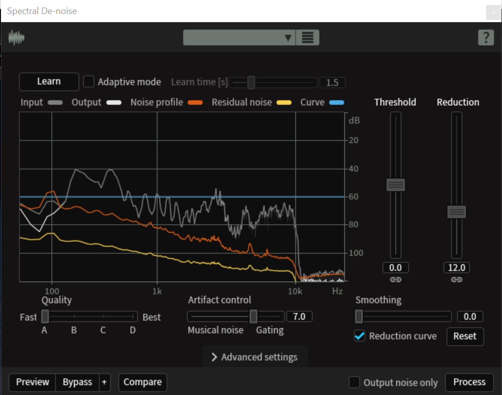 A screenshpt of setting for Izotope RX de-noise module