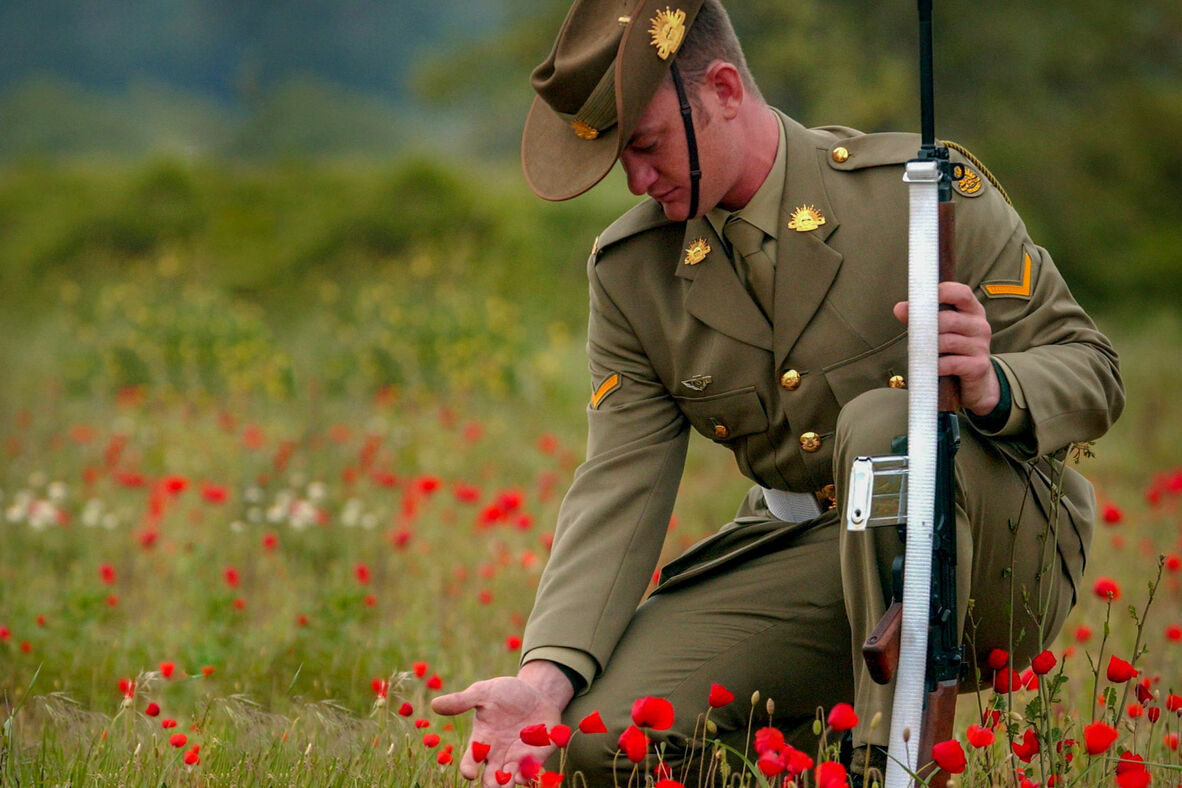 Australian Soldier picking a poppy.
