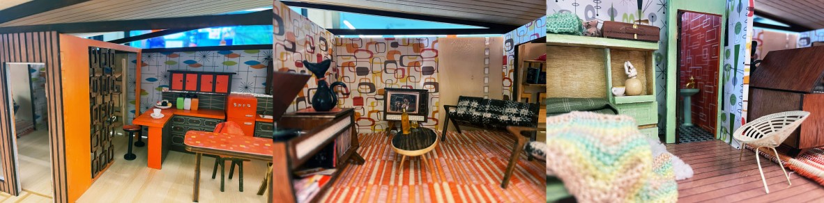 a collage of photos showing of the interior of a mid-century miniature book nook created by Jacqui Lewis.