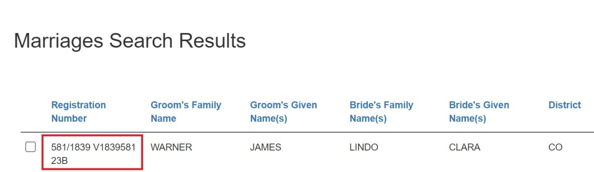 Index entry for James Warner’s marriage. New South Wales Registry of Births, Deaths and Marriages