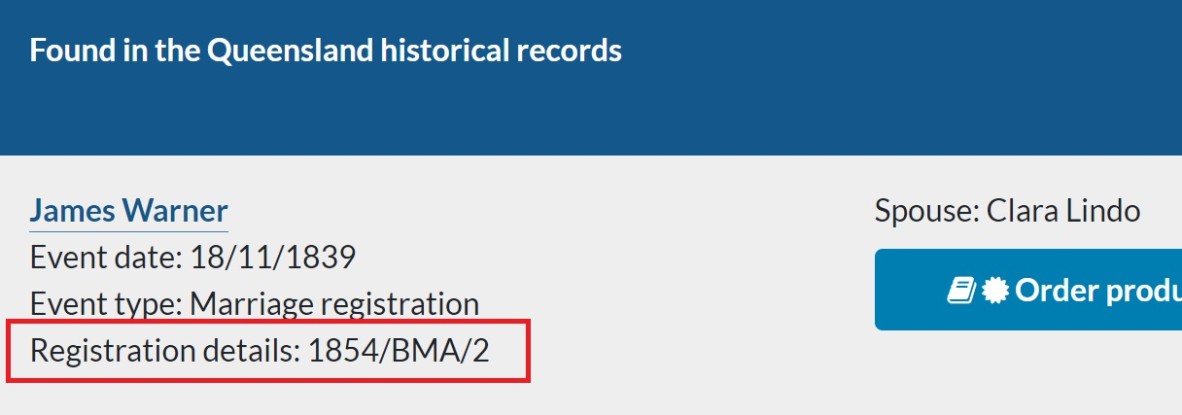 Index entry for James Warner’s marriage. Queensland Registry of Births, Deaths and Marriages: