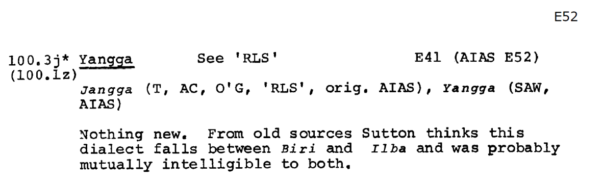 Entry for Yangga/Jangga - Linguistic Survey of Australia, Oates (1970).