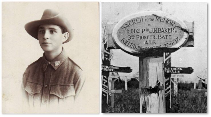 John Baker with his gravesite headston