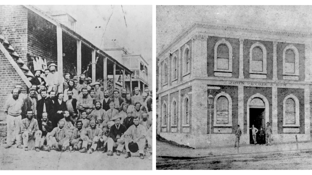 composite image depicting John Petrie's construction staff and premises