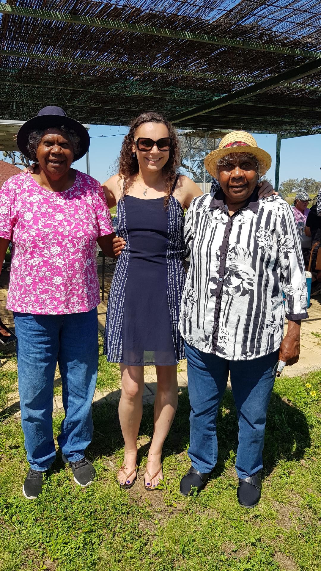 Rachel West-Captain with Elders Josie and Vera Byno, who fondly remember Granny Bindi and how she collected them for Sunday school with the other children at Goodooga Reserve and took them all to her home to teach them about the Lord.