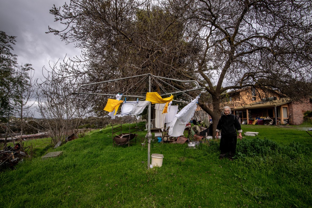 A photo of an elderly woman standing on green grass next to a clotheslines