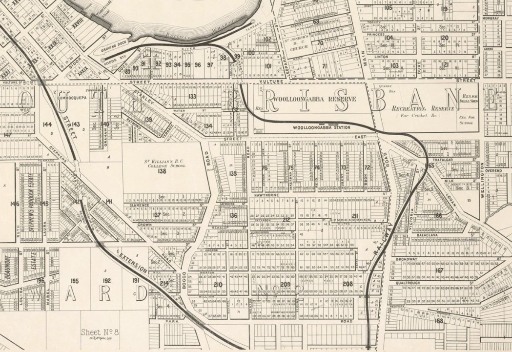 Map of Wooloongabba in 1895 showing railway lines and Wooloogabba Station