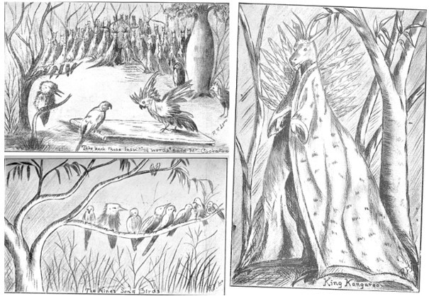Illustrations of animals from Kangaroo Kingdom by F E Lord; illustrated by R F Lord