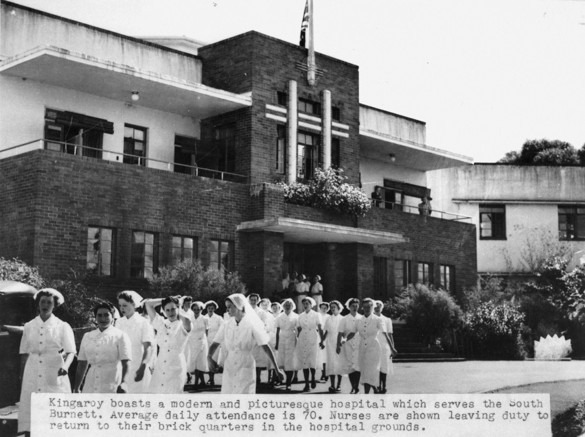 A large group of nurses leaving the Kingaroy Hospital to return to their quarters in 1950