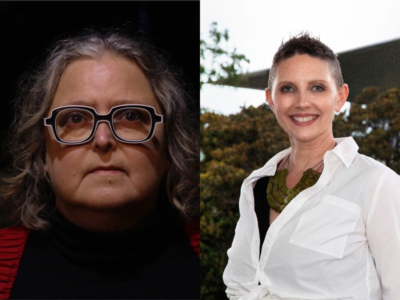 Composite photo of Krissy Kneen wearing black-rimmed glasses and Amanda Niehaus in a white shirt